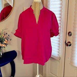 Pink Boxy Blouse with Cuffed Sleeves and Mandarin Collar